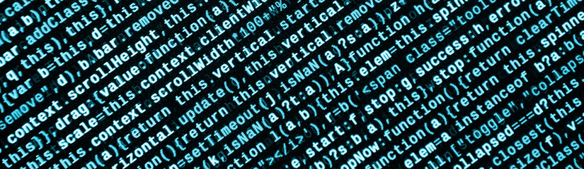 JavaScript code in text editor. Coding cyberspace concept. Screen of web developing code