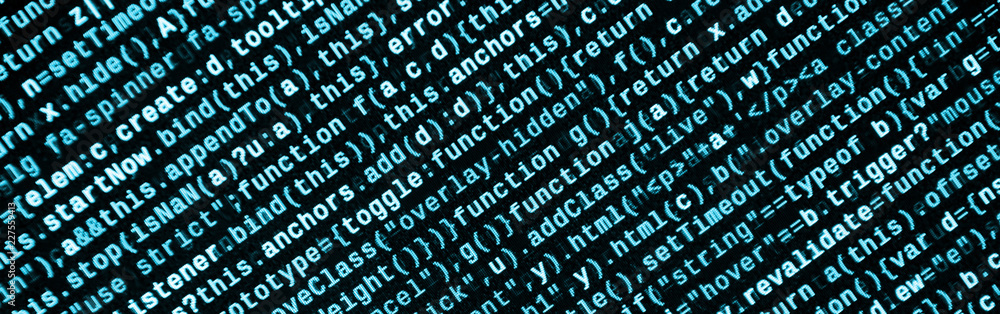 Poster big data and internet of things trend. it specialist workplace. website html code on the laptop disp