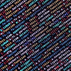 Writing programming code on laptop. Digital binary data on computer screen