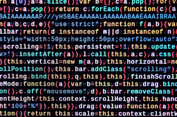 Javascript functions, variables, objects. Monitor closeup of function source code. IT specialist...