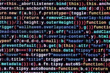 Javascript functions, variables, objects. Monitor closeup of function source code. IT specialist...