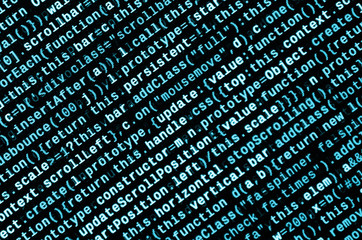 Writing programming code on laptop. Digital binary data on computer screen