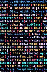 JavaScript code in text editor. Coding cyberspace concept. Screen of web developing code