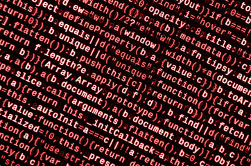 Javascript functions, variables, objects. Monitor closeup of function source code. IT specialist...