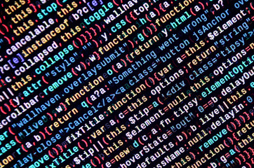 Javascript functions, variables, objects. Monitor closeup of function source code. IT specialist...