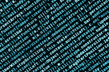Writing programming code on laptop. Digital binary data on computer screen