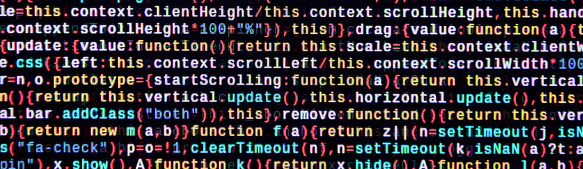 Javascript functions, variables, objects. Monitor closeup of function source code. IT specialist...