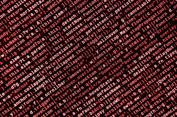 JavaScript code in text editor. Coding cyberspace concept. Screen of web developing code