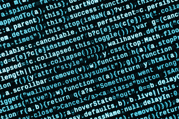 Big data and Internet of things trend. IT specialist workplace. Website HTML Code on the Laptop...