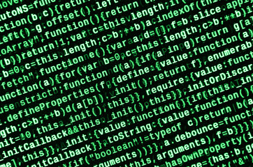 Javascript functions, variables, objects. Monitor closeup of function source code. IT specialist...