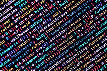 Javascript functions, variables, objects. Monitor closeup of function source code. IT specialist...