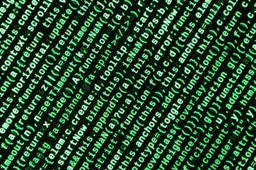 JavaScript code in text editor. Coding cyberspace concept. Screen of web developing code