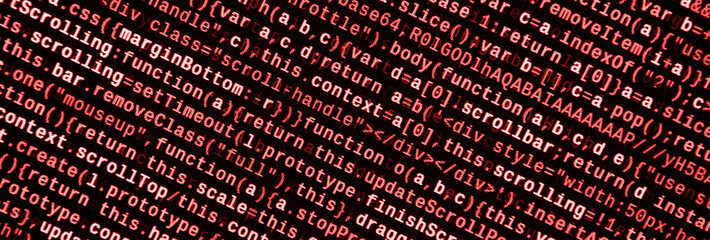 Writing programming code on laptop. Digital binary data on computer screen