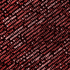 Writing programming code on laptop. Digital binary data on computer screen