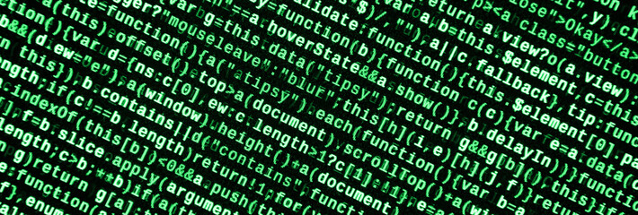 JavaScript code in text editor. Coding cyberspace concept. Screen of web developing code