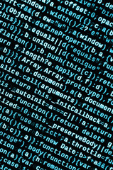 Javascript functions, variables, objects. Monitor closeup of function source code. IT specialist...