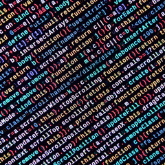 Writing programming code on laptop. Digital binary data on computer screen