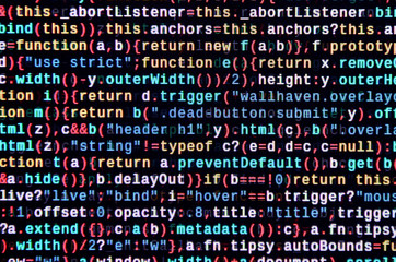Javascript functions, variables, objects. Monitor closeup of function source code. IT specialist...