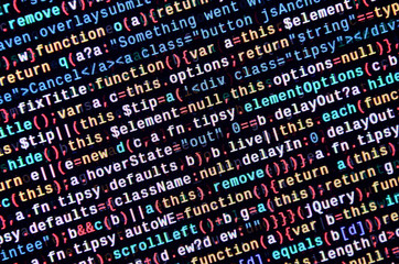Javascript functions, variables, objects. Monitor closeup of function source code. IT specialist...