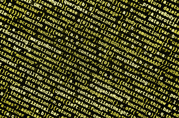 JavaScript code in text editor. Coding cyberspace concept. Screen of web developing code