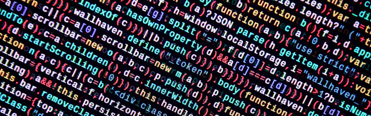 Javascript functions, variables, objects. Monitor closeup of function source code. IT specialist...