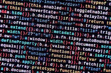 Javascript functions, variables, objects. Monitor closeup of function source code. IT specialist...