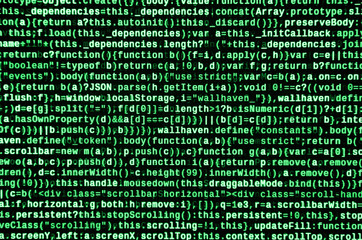 Javascript functions, variables, objects. Monitor closeup of function source code. IT specialist...