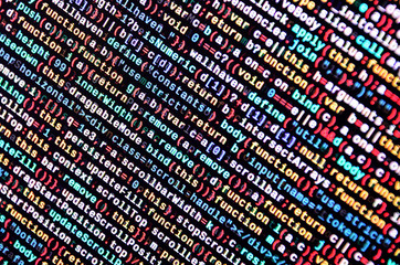 Javascript functions, variables, objects. Monitor closeup of function source code. IT specialist...