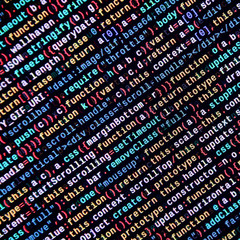 Writing programming code on laptop. Digital binary data on computer screen