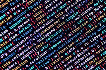 Javascript functions, variables, objects. Monitor closeup of function source code. IT specialist...