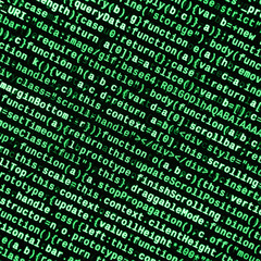 Javascript functions, variables, objects. Monitor closeup of function source code. IT specialist...