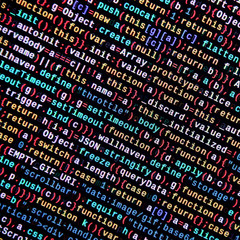 Writing programming code on laptop. Digital binary data on computer screen