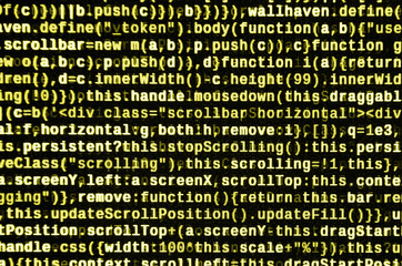 JavaScript code in text editor. Coding cyberspace concept. Screen of web developing code