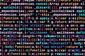 Javascript functions, variables, objects. Monitor closeup of function source code. IT specialist...