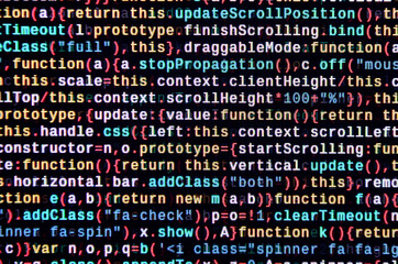 Javascript functions, variables, objects. Monitor closeup of function source code. IT specialist...