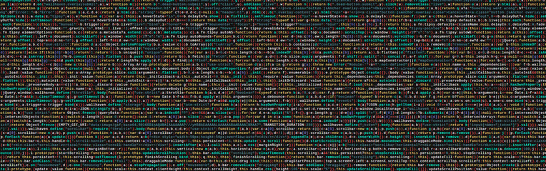Writing programming code on laptop. Digital binary data on computer screen