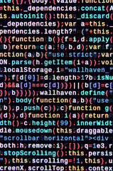 JavaScript code in text editor. Coding cyberspace concept. Screen of web developing code