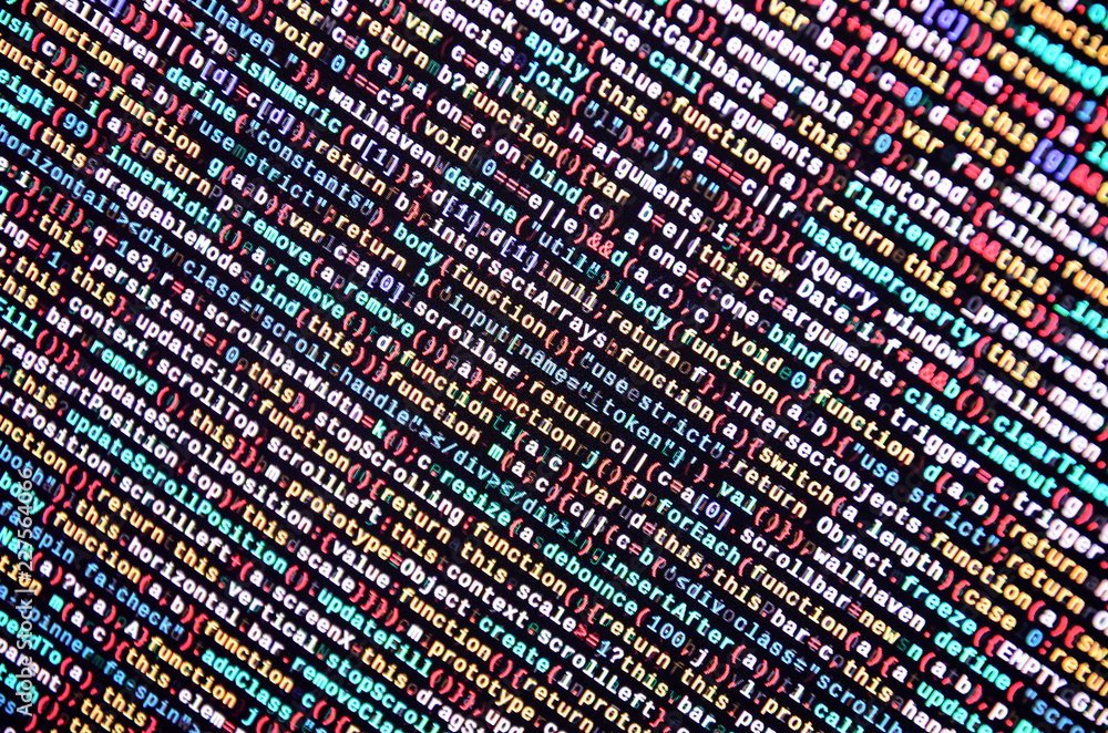 Poster big data and internet of things trend. it specialist workplace. website html code on the laptop disp