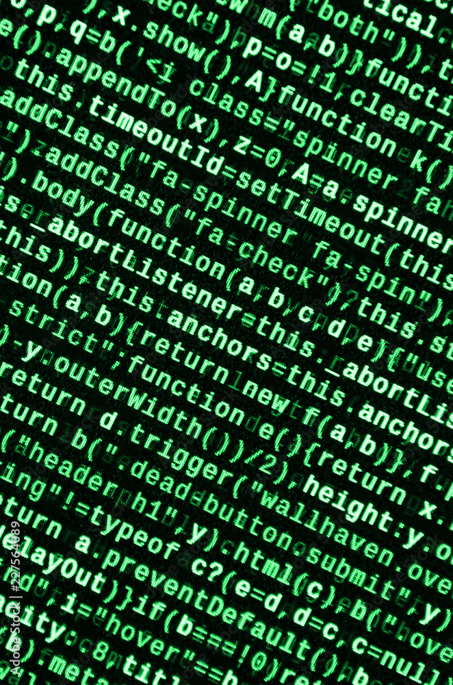 Poster big data and internet of things trend. it specialist workplace. website html code on the laptop disp