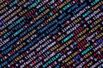 Javascript functions, variables, objects. Monitor closeup of function source code. IT specialist...