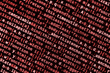 Javascript functions, variables, objects. Monitor closeup of function source code. IT specialist...