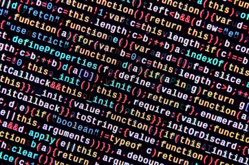 Javascript functions, variables, objects. Monitor closeup of function source code. IT specialist...