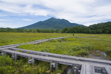 Beautiful view of Mt. Hiuchi and the path of Oze marshland, Oze National Park, Gunma, Japan, summer time