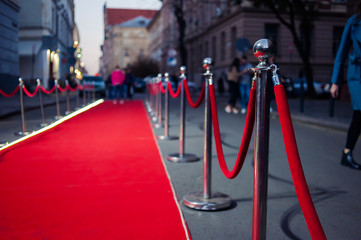 Long red carpet between rope barriers on entrance.