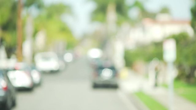 Blurred background of sunny neighborhood street and a woman walking her dog