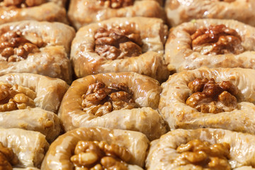 Traditional Turkish dessert baklava with nuts and honey. Close-up