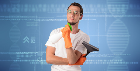 Crowd cleaning theme with male housekeeper and DNS concept wallpaper
