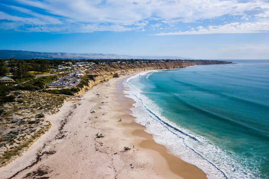 aerial view of beach and surf looking south at Port Willunga, SA