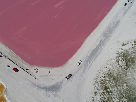 Pink lak?washing sandy shore