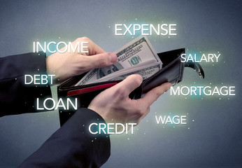 Businessman's hand takes out dollar from wallet with bank keywording wallpaper